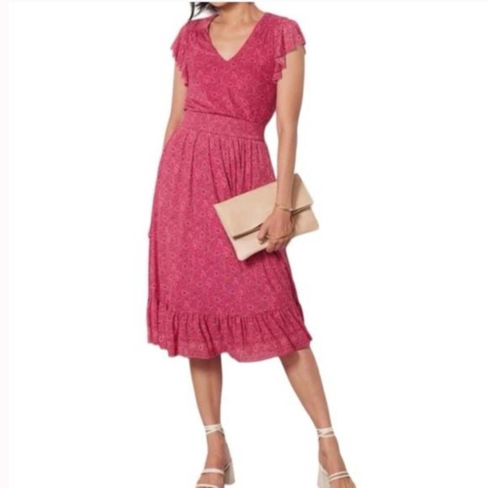 Evereve Elena Short Sleeve Floral V-Neck Midi Dress with Ruffle Detail size M